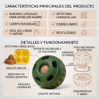Detalles técnicos, mecanismo de apertura y diseño resistente de la pelota rellenable y congelable premium de The Paws Boutique.