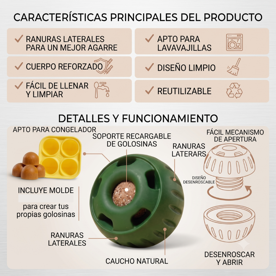 Detalles técnicos, mecanismo de apertura y diseño resistente de la pelota rellenable y congelable premium de The Paws Boutique.