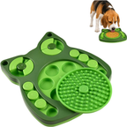 Comedero lento interactivo tipo puzzle verde con zona de lamido y perro Beagle usándolo. Juguete de inteligencia y alimentación de The Paws Boutique.