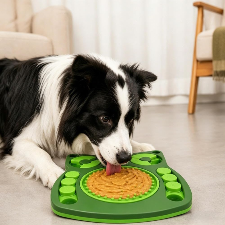 Perro Border Collie lamiendo relajadamente la zona texturizada del comedero interactivo antiestrés en casa, de The Paws Boutique.