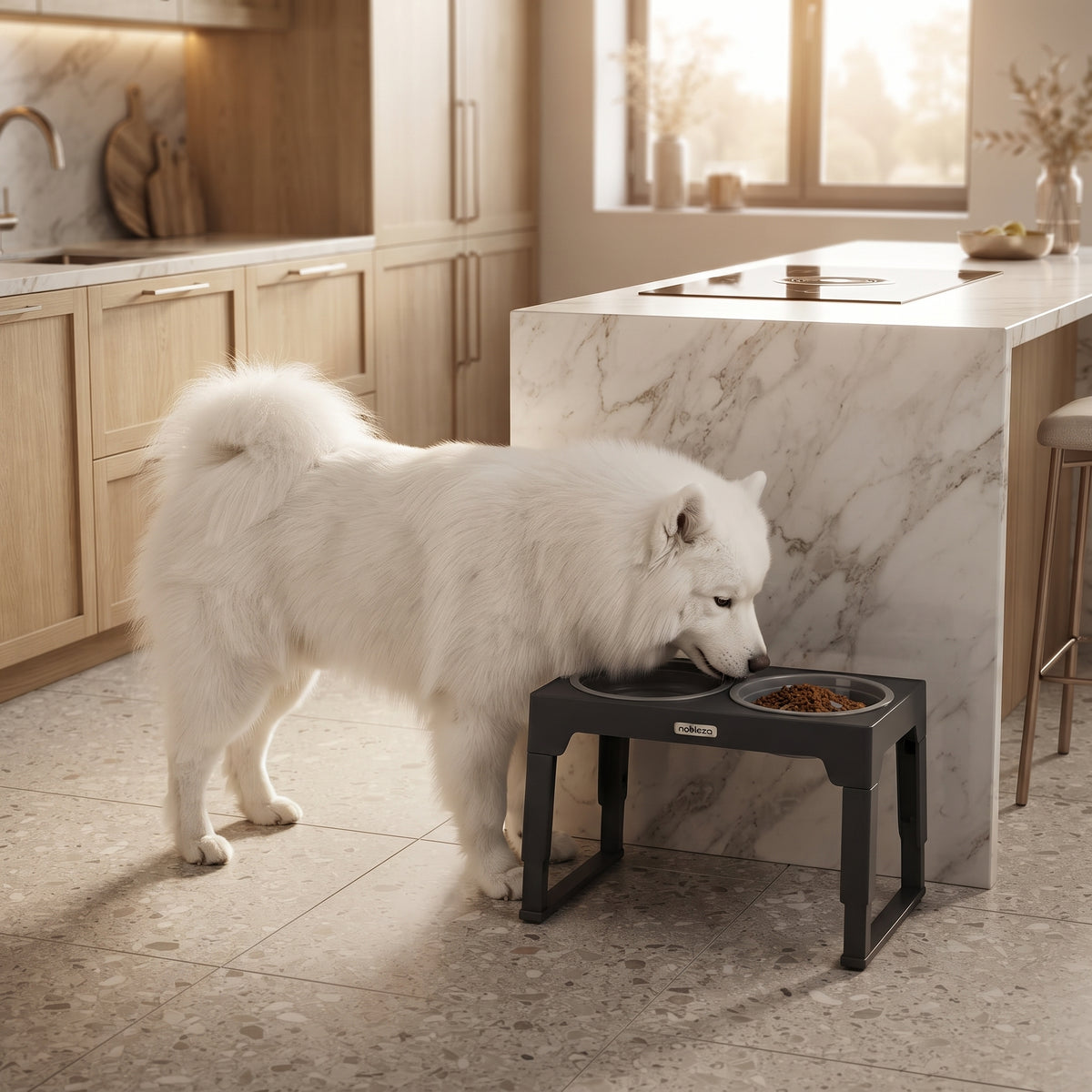 Comedero Elevado Regulable para Perros (5 Alturas) – Estación 3 en 1 con Plato Antivoracidad, Bebedero Antigoteo y Cuenco de Acero Inoxidable