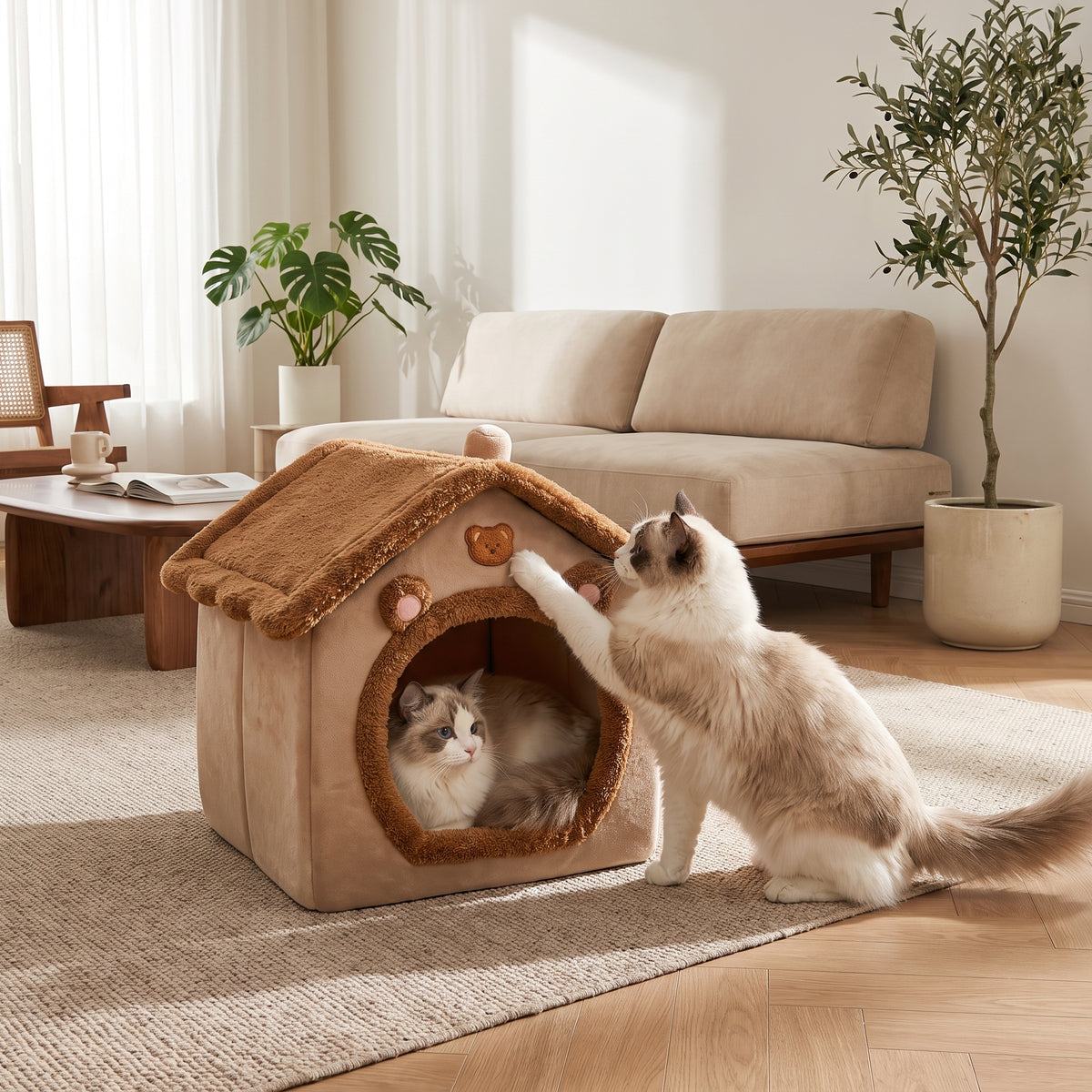 Casita Cueva Térmica 2 en 1 para Perros Pequeños y Gatos – Cama Nido Plegable y Lavable de Felpa