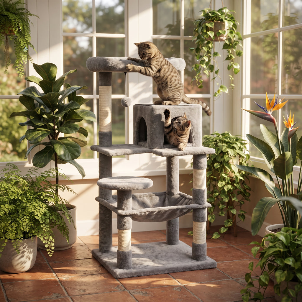 Árbol Rascador Multinivel para Gatos – Torre de Actividades con Cuevas, Hamaca, Escalera de Sisal y Miradores Acolchados