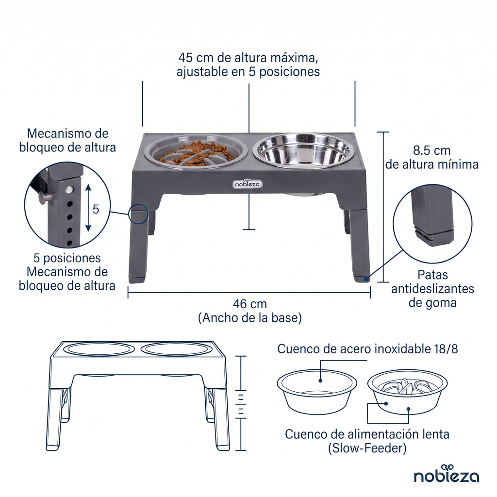 Comedero Elevado Regulable para Perros (5 Alturas) – Estación 3 en 1 con Plato Antivoracidad, Bebedero Antigoteo y Cuenco de Acero Inoxidable