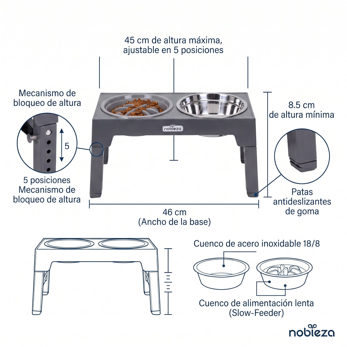 Comedero Elevado Regulable para Perros (5 Alturas) – Estación 3 en 1 con Plato Antivoracidad, Bebedero Antigoteo y Cuenco de Acero Inoxidable