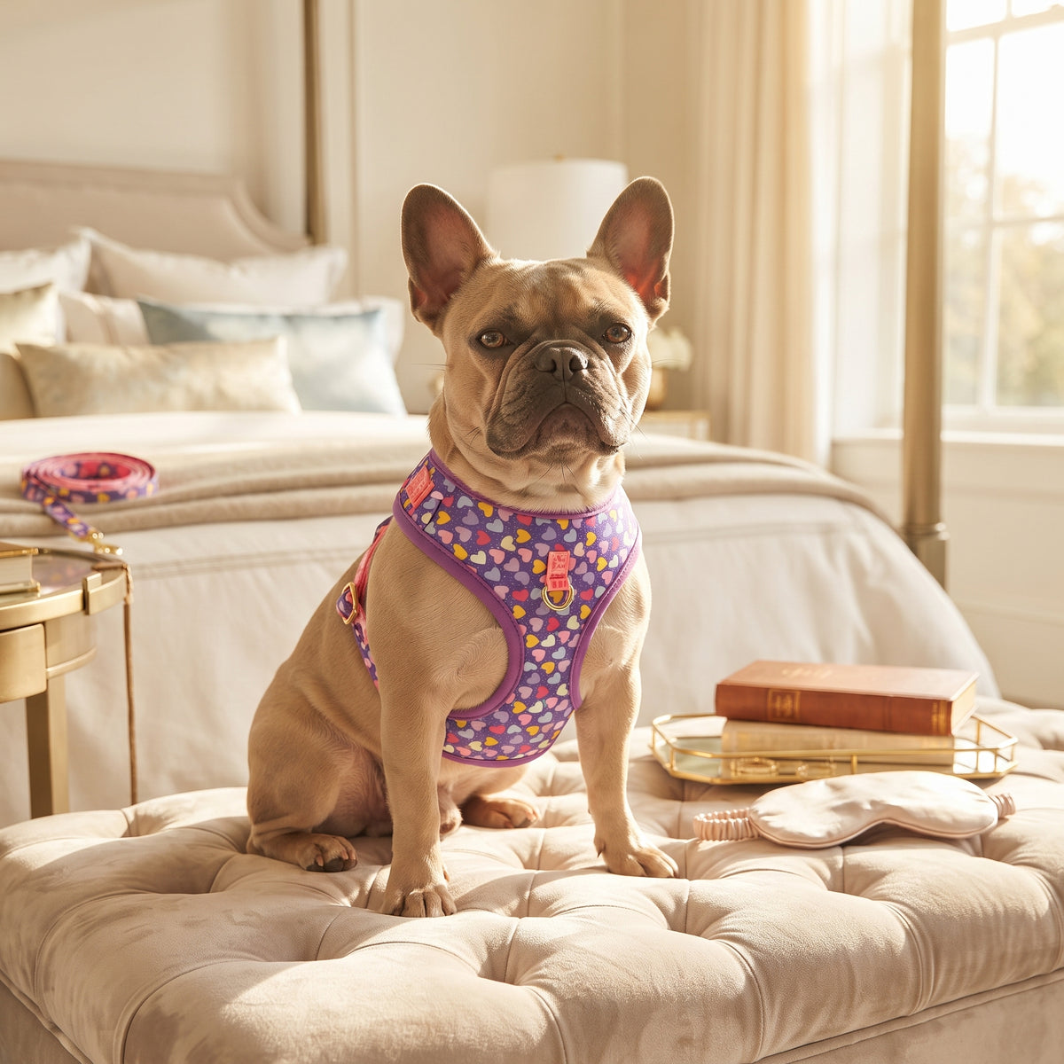 Conjunto Arnés y Correa Acolchada para Perros – Arnés Ergonómico Estampado de Neopreno con Herrajes Dorados