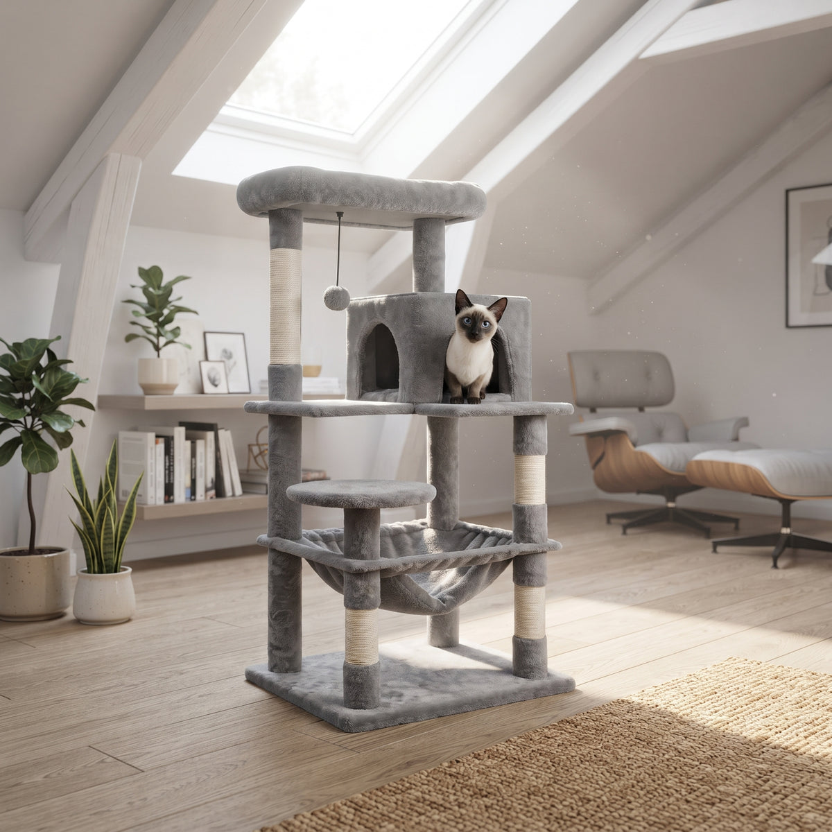 Árbol Rascador Multinivel para Gatos – Torre de Actividades con Cuevas, Hamaca, Escalera de Sisal y Miradores Acolchados