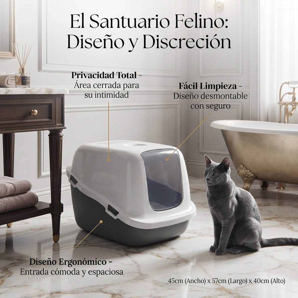 Arenero Cerrado Grande para Gatos – Bandeja Sanitaria con Puerta Abatible, Filtro Antiolor y Cubierta Desmontable (57 x 39 x 35 cm)