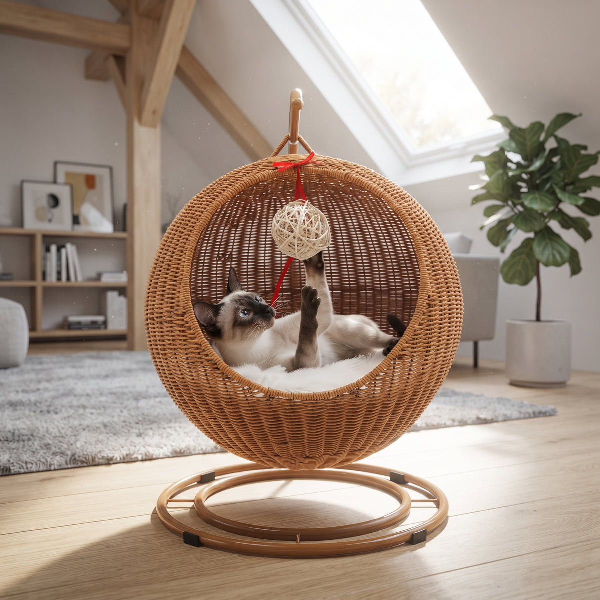 Cama Sillón Colgante de Ratán para Gatos – Cesta Balancín con Soporte Metálico y Cojín Suave
