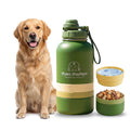 Perro Golden Retriever junto a la botella de agua portátil 3 en 1 para perros de acero inoxidable verde. Bebedero y comedero de viaje de The Paws Boutique
