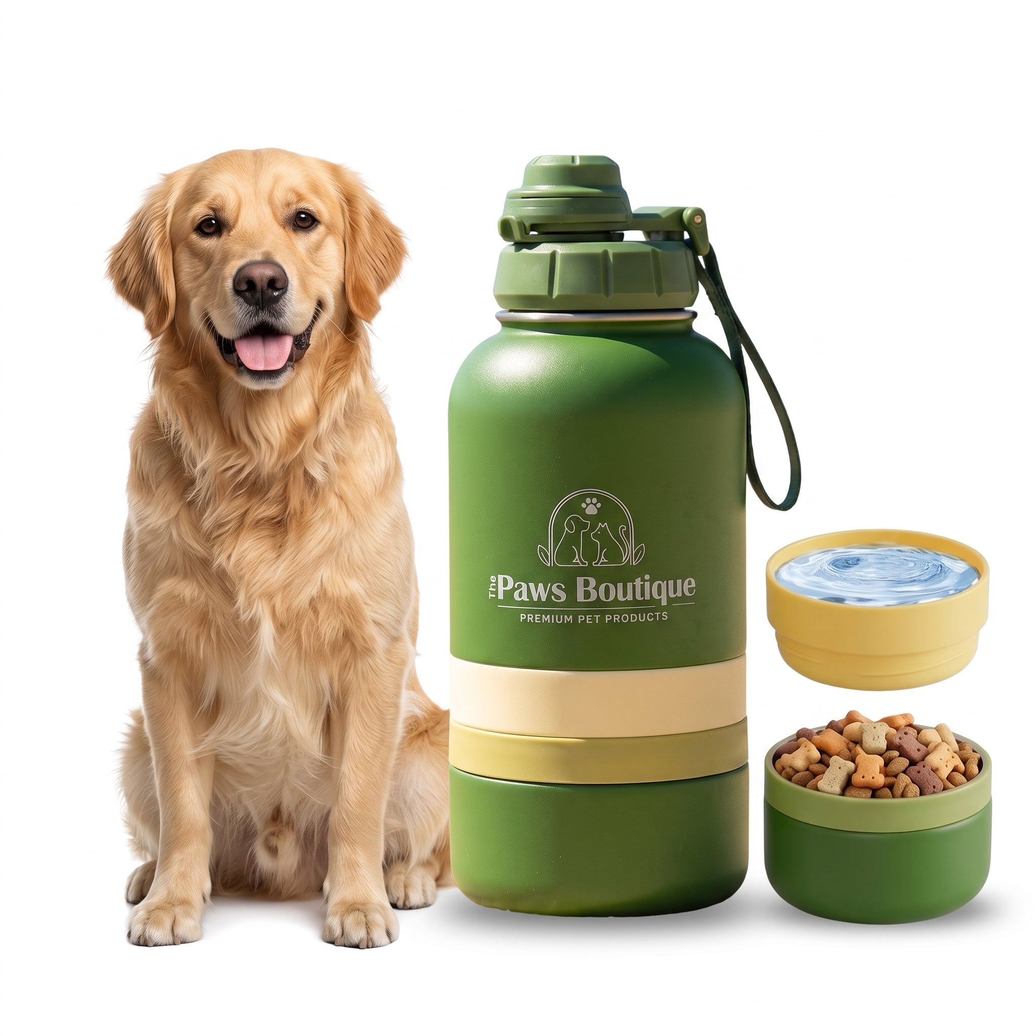 Perro Golden Retriever junto a la botella de agua portátil 3 en 1 para perros de acero inoxidable verde. Bebedero y comedero de viaje de The Paws Boutique