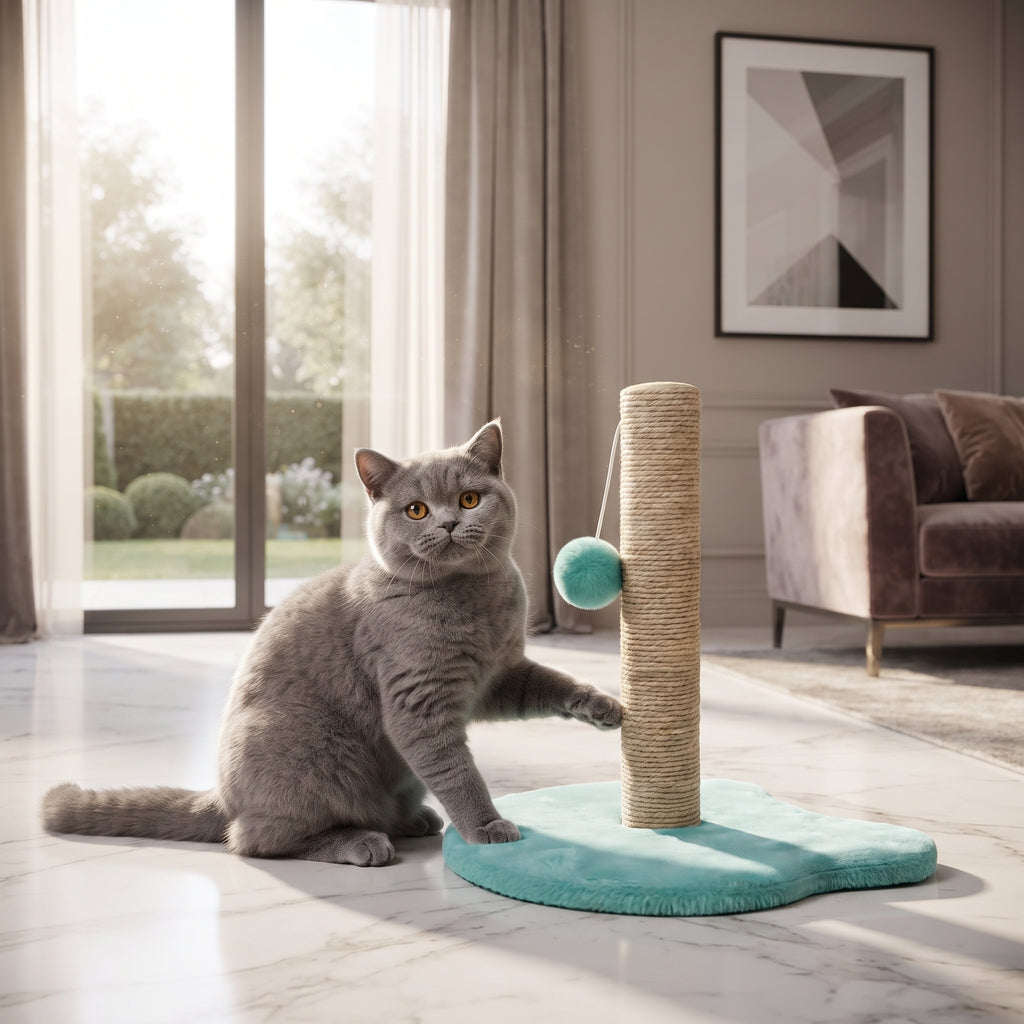 Poste Rascador Compacto para Gatos con Base Estable y Pelota Colgante de Juego