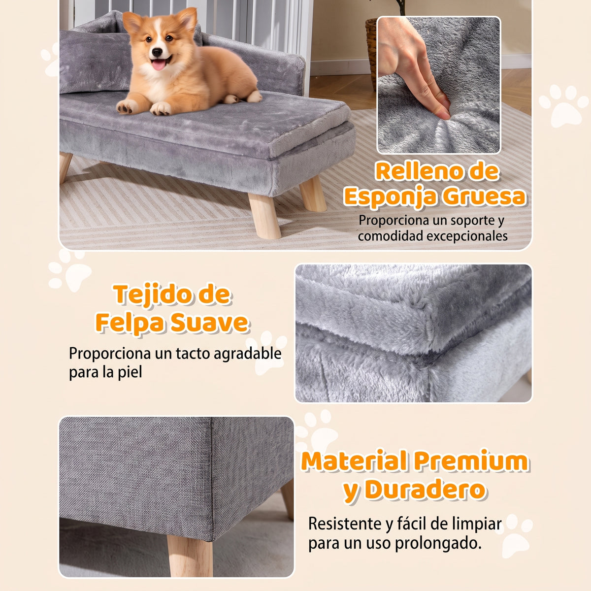 Cama Sofá Elevada para Mascotas con Cojín, Almohada y Patas de Madera