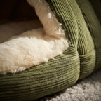 Cama Cueva Térmica de Pana para Gatos y Perros Pequeños – Nido Acolchado Antiansiedad con Cojín Extraíble y Lavable