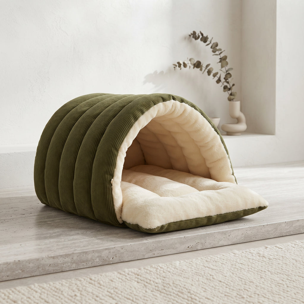 Cama Cueva Térmica de Pana para Gatos y Perros Pequeños – Nido Acolchado Antiansiedad con Cojín Extraíble y Lavable