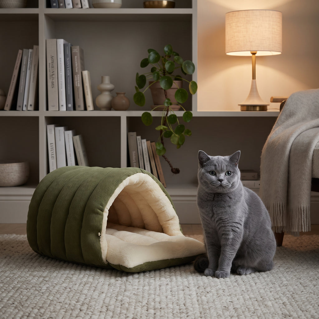 Cama Cueva Térmica de Pana para Gatos y Perros Pequeños – Nido Acolchado Antiansiedad con Cojín Extraíble y Lavable