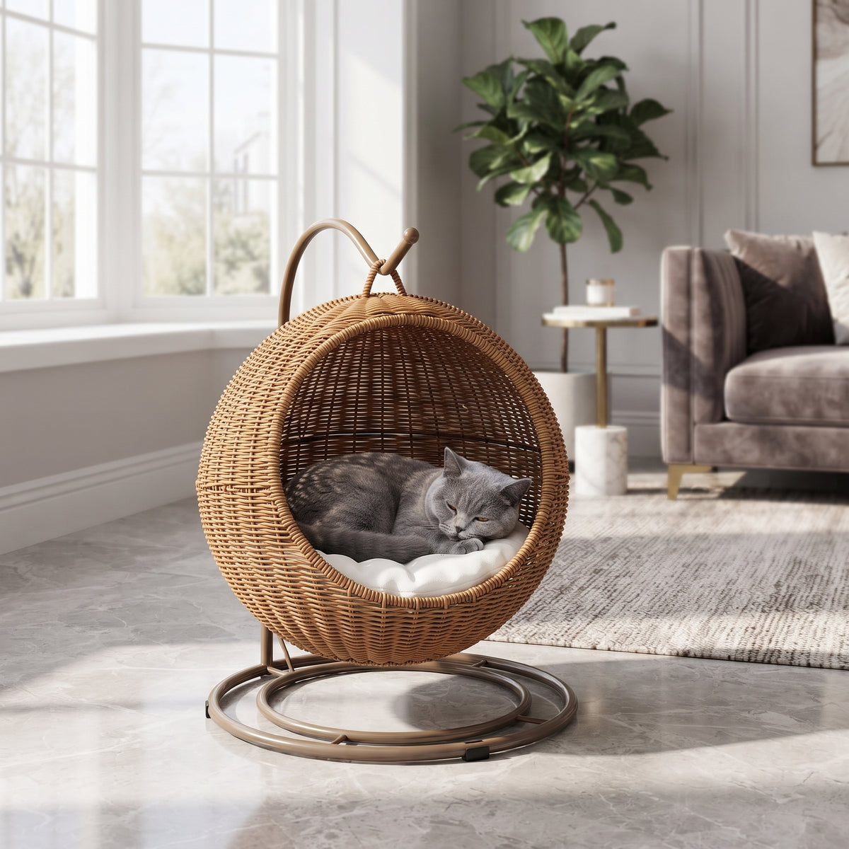 Cama Sillón Colgante de Ratán para Gatos – Cesta Balancín con Soporte Metálico y Cojín Suave
