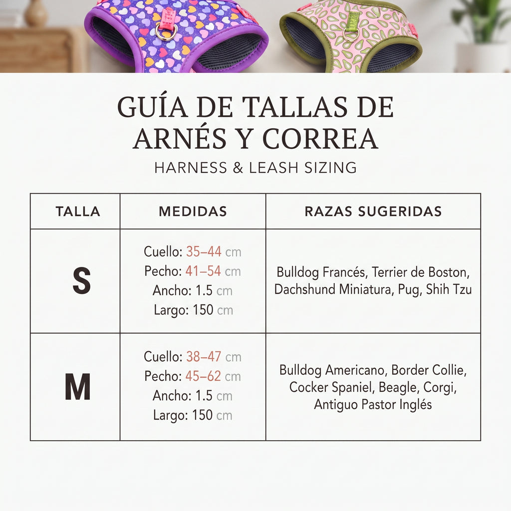 Conjunto Arnés y Correa Acolchada para Perros – Arnés Ergonómico Estampado de Neopreno con Herrajes Dorados