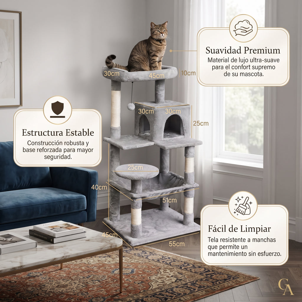 Árbol Rascador Multinivel para Gatos – Torre de Actividades con Cuevas, Hamaca, Escalera de Sisal y Miradores Acolchados