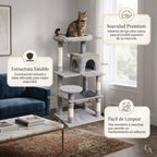 Árbol Rascador Multinivel para Gatos – Torre de Actividades con Cuevas, Hamaca, Escalera de Sisal y Miradores Acolchados