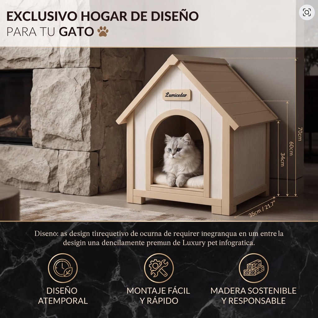 Caseta de Madera Maciza para Perros Pequeños y Gatos – Casa Refugio de Interior y Exterior con Tejado a Dos Aguas