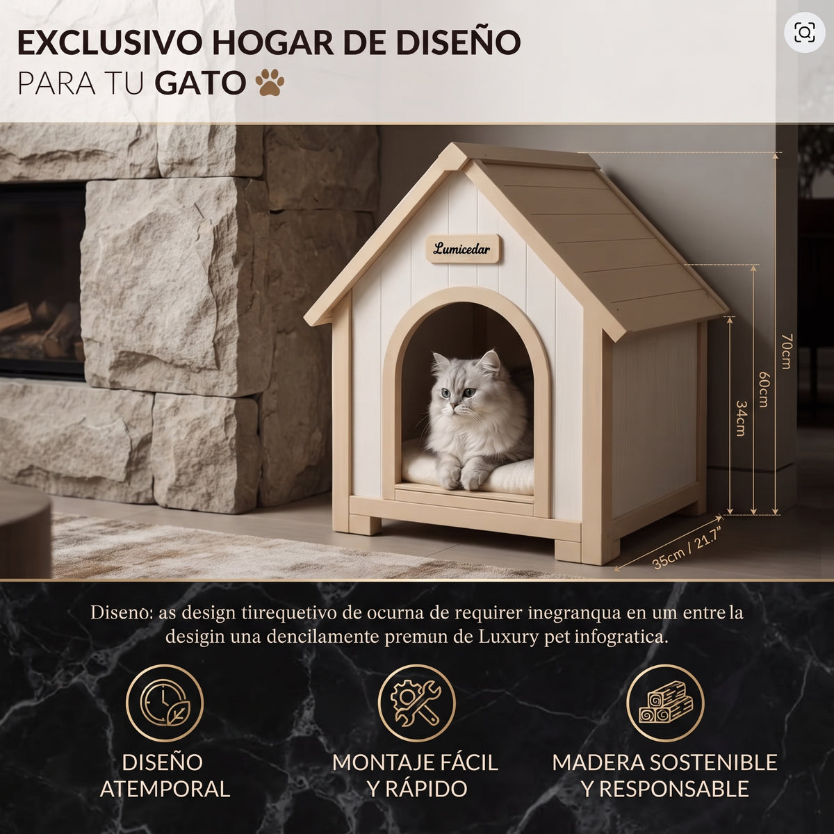 Caseta de Madera Maciza para Perros Pequeños y Gatos – Casa Refugio de Interior y Exterior con Tejado a Dos Aguas