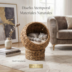 Cama Cueva Elevada de Mimbre Natural para Gatos – Nido Esférico con Cojín Mullido y Base Estable