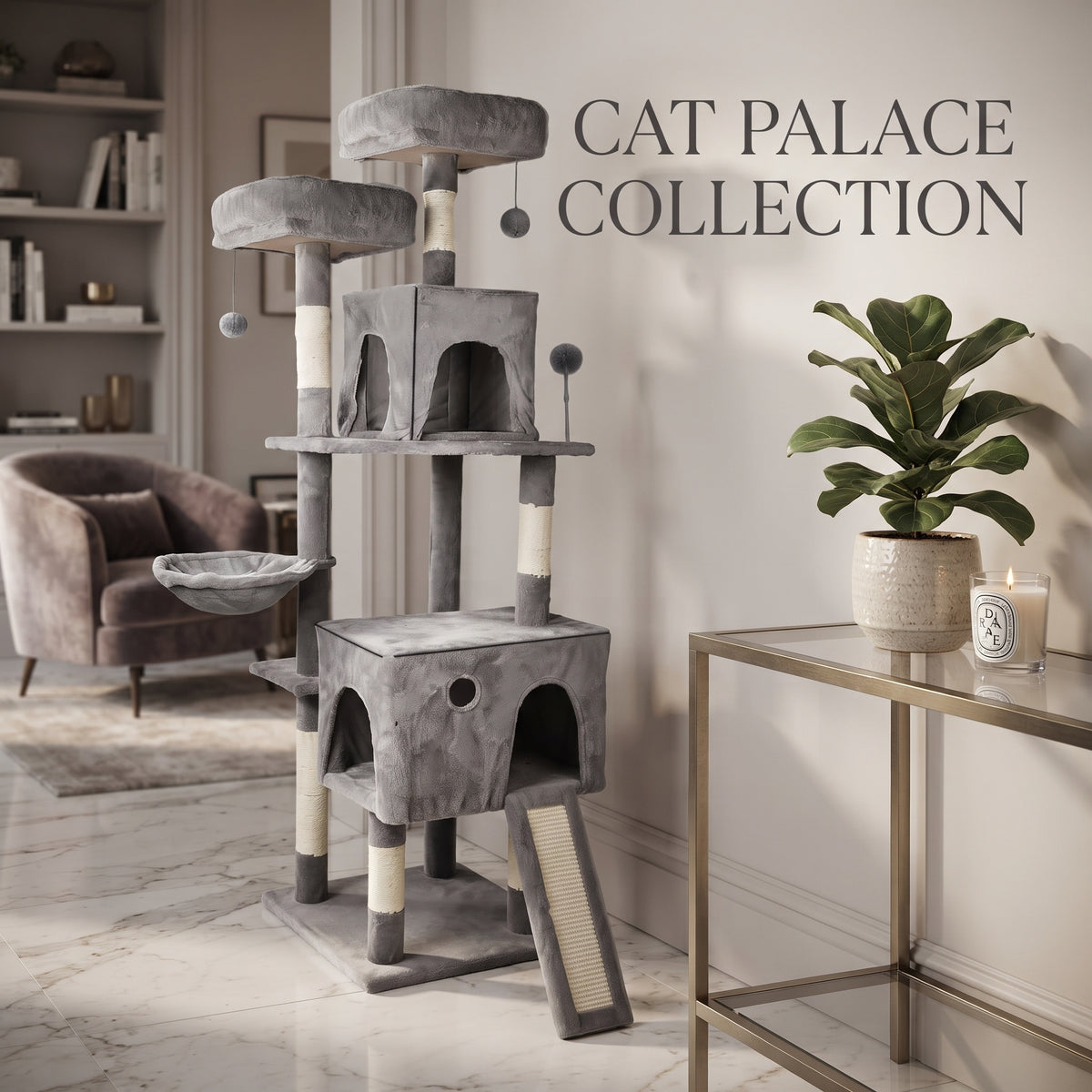 Árbol Rascador Multinivel para Gatos – Torre de Actividades con Cuevas, Hamaca, Escalera de Sisal y Miradores Acolchados