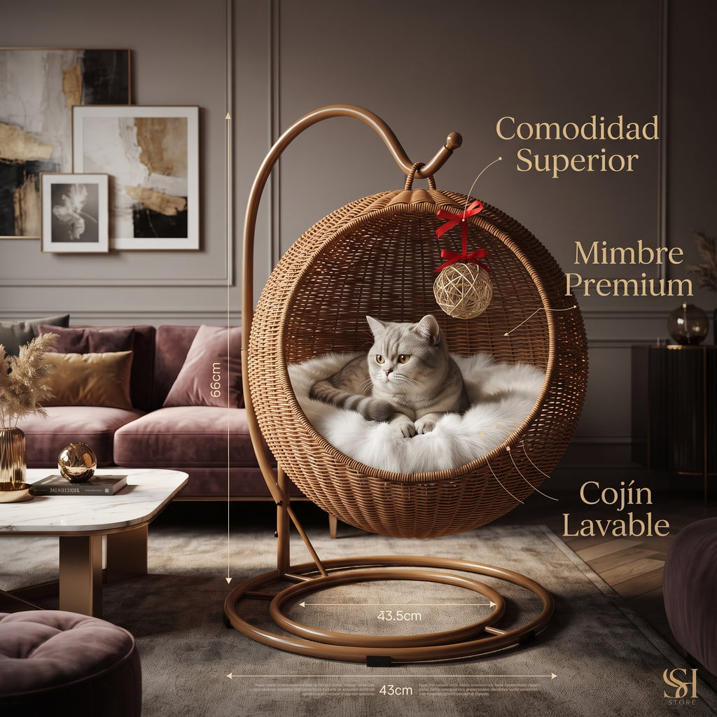Cama Sillón Colgante de Ratán para Gatos – Cesta Balancín con Soporte Metálico y Cojín Suave