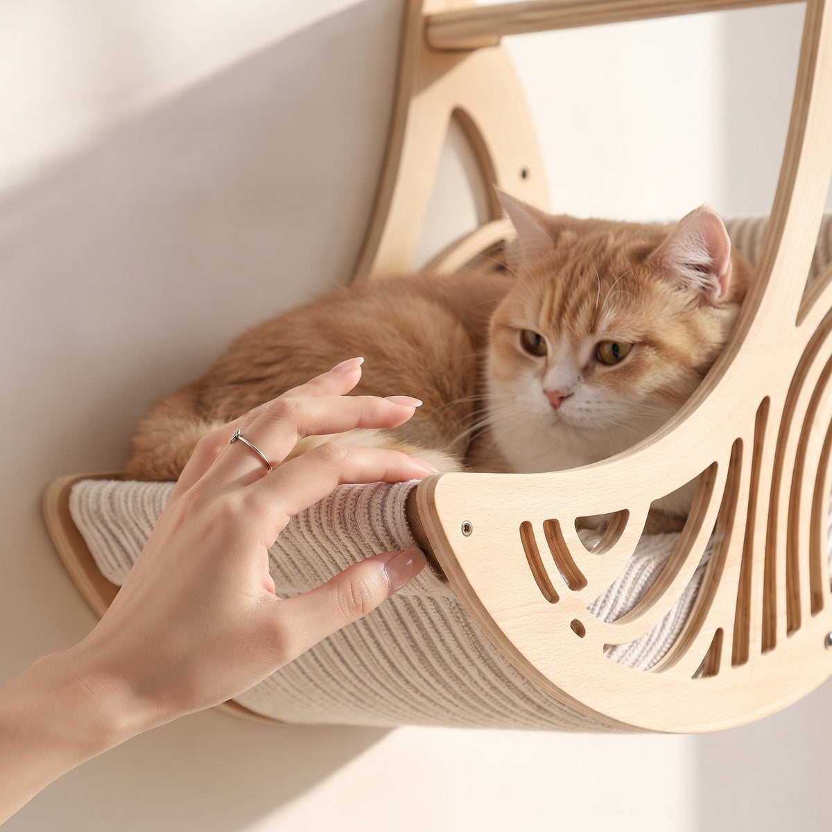 Hamaca Flotante de Pared para Gatos con Forma de Media Luna – Cama Nido Colgante de Madera y Lona Transpirable