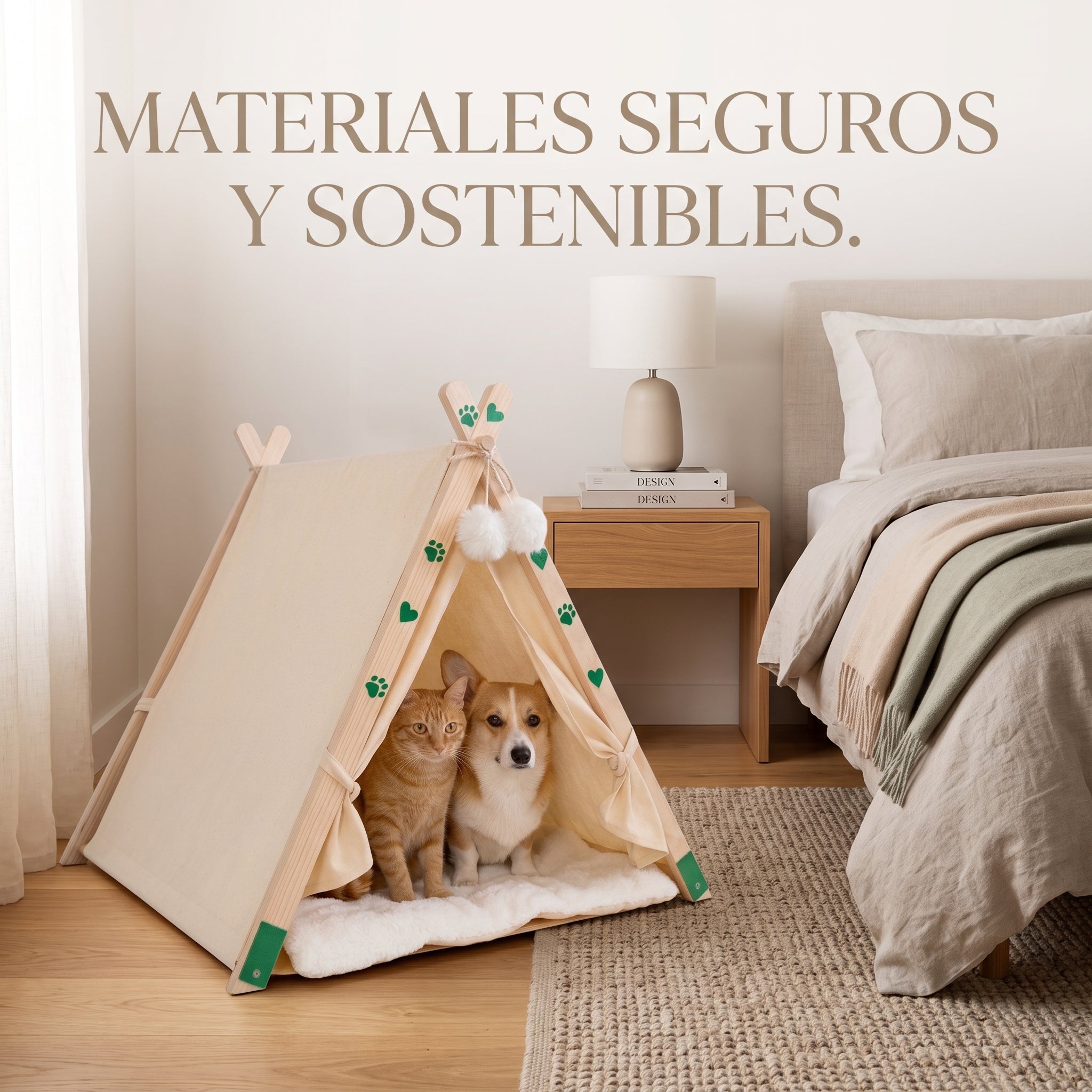 Cama tipi para perros y gatos de tela beige con un cojín mullido, vista en perspectiva de The Paws Boutique.