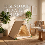 Cama tipi para perros y gatos de tela beige con un cojín mullido, vista en perspectiva de The Paws Boutique.