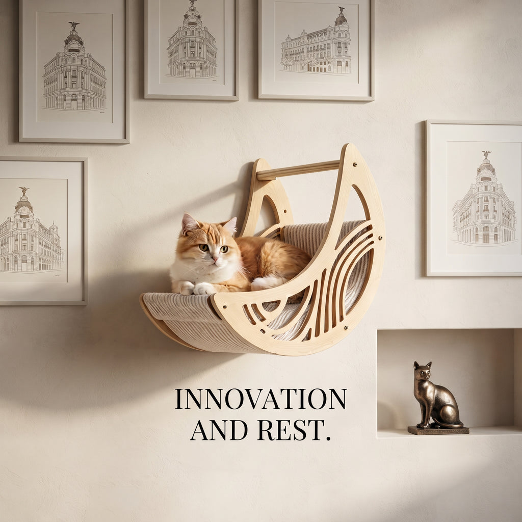 Hamaca Flotante de Pared para Gatos con Forma de Media Luna – Cama Nido Colgante de Madera y Lona Transpirable