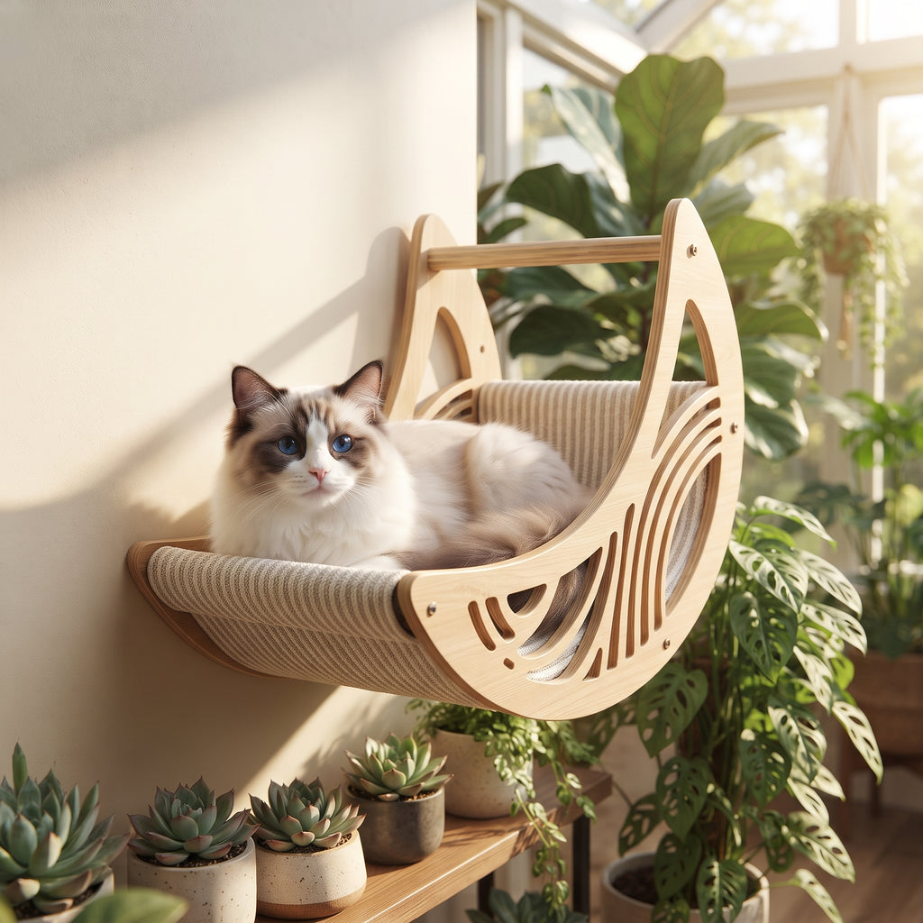 Hamaca Flotante de Pared para Gatos con Forma de Media Luna – Cama Nido Colgante de Madera y Lona Transpirable