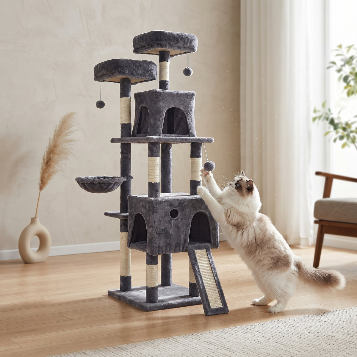 Árbol Rascador Multinivel para Gatos – Torre de Actividades con Cuevas, Hamaca, Escalera de Sisal y Miradores Acolchados