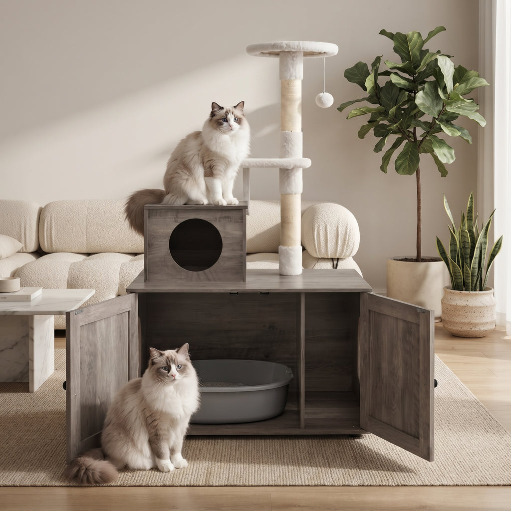 Casa Para Gatos Con Armario Para Almacenar Caja De Arena (No Inluido) Y Torre Rascadora Armario Con Escondite Y División 77,5 X 49 X 132 Cm