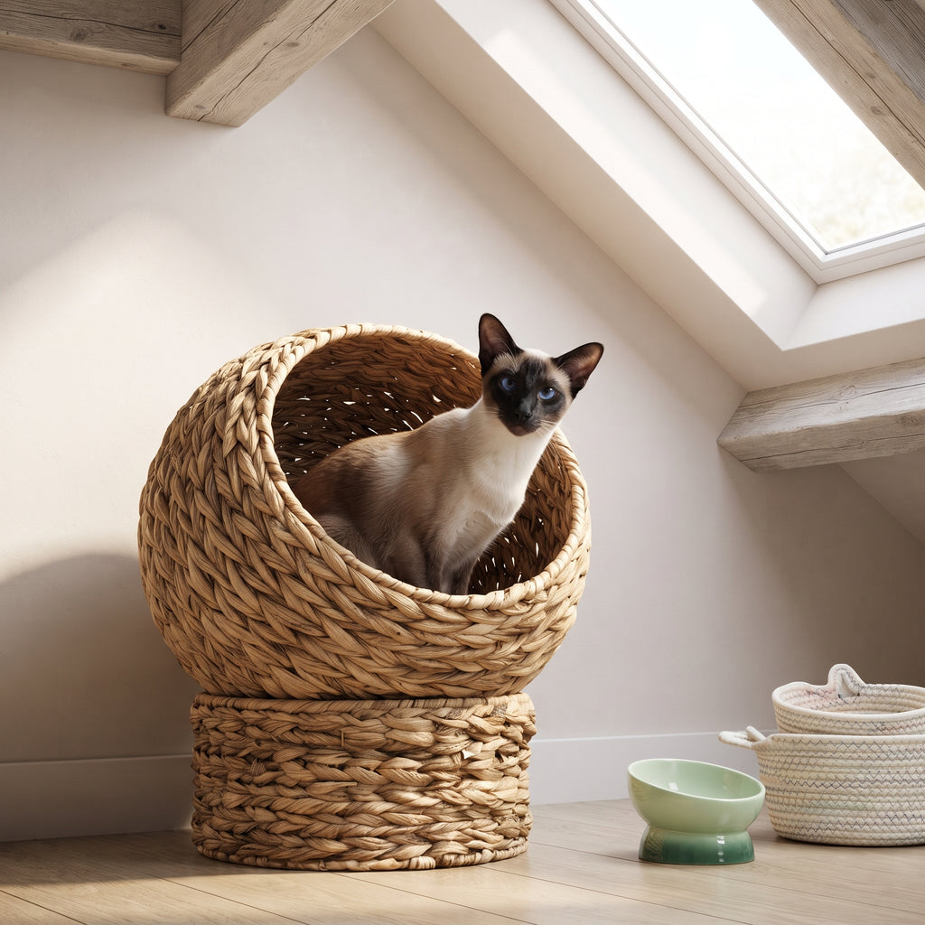 Cama Cueva Elevada de Mimbre Natural para Gatos – Nido Esférico con Cojín Mullido y Base Estable