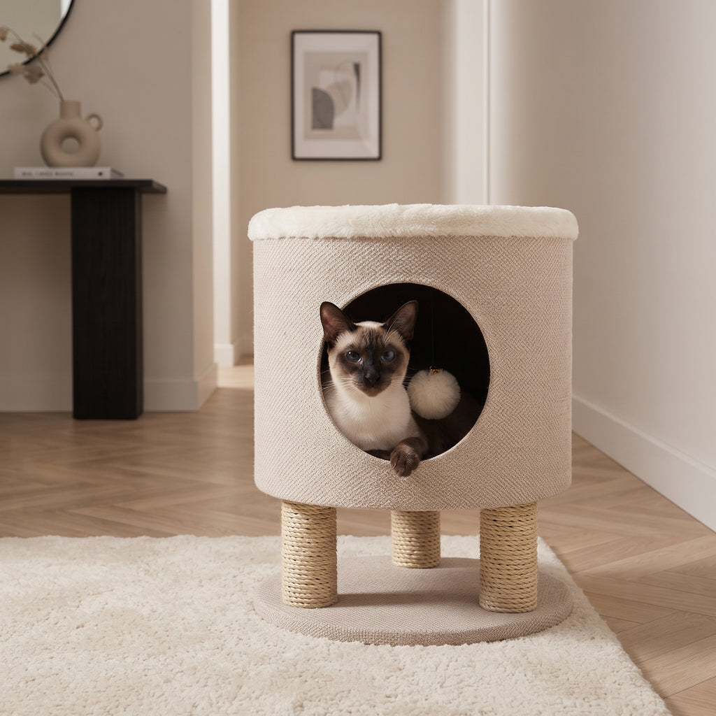 Puf Otomana para Gatos con Cueva, Rascador y Juguete Colgante (40x40 cm)
