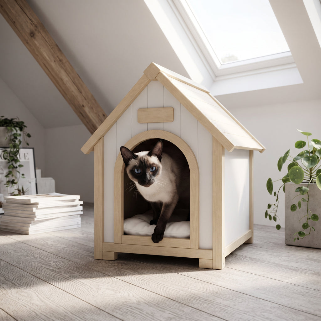 Caseta de Madera Maciza para Perros Pequeños y Gatos – Casa Refugio de Interior y Exterior con Tejado a Dos Aguas