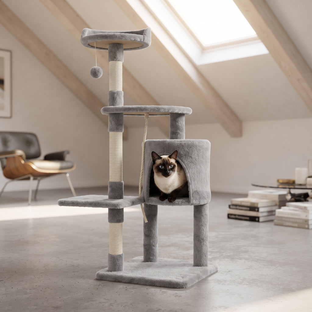 Árbol Rascador Multinivel para Gatos – Torre de Actividades con Cuevas, Hamaca, Escalera de Sisal y Miradores Acolchados