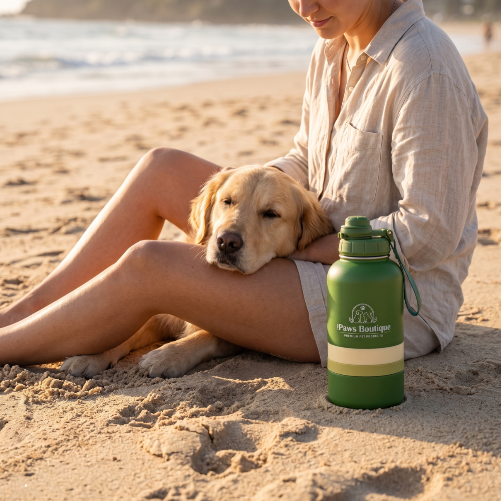 Mujer y su perro Golden Retriever descansando en la playa junto a la botella de agua portátil premium de acero inoxidable de The Paws Boutique.