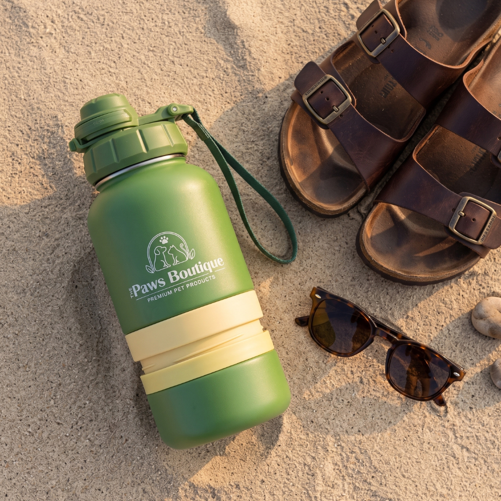 Botella de agua 3 en 1 para perros en la arena de la playa junto a gafas de sol y sandalias. Accesorios de verano imprescindibles para mascotas de The Paws Boutique