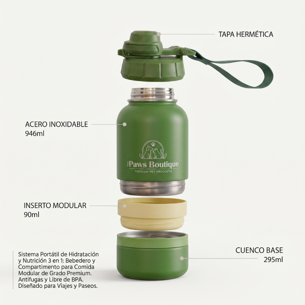 Diagrama de las piezas de la botella de agua de viaje para perros 3 en 1. Muestra tapa hermética, cuerpo de acero inoxidable de 950ml, compartimento de pienso y cuenco base desmontable de The Paws Boutique