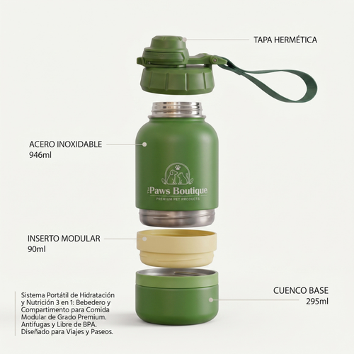 Diagrama de las piezas de la botella de agua de viaje para perros 3 en 1. Muestra tapa hermética, cuerpo de acero inoxidable de 950ml, compartimento de pienso y cuenco base desmontable de The Paws Boutique