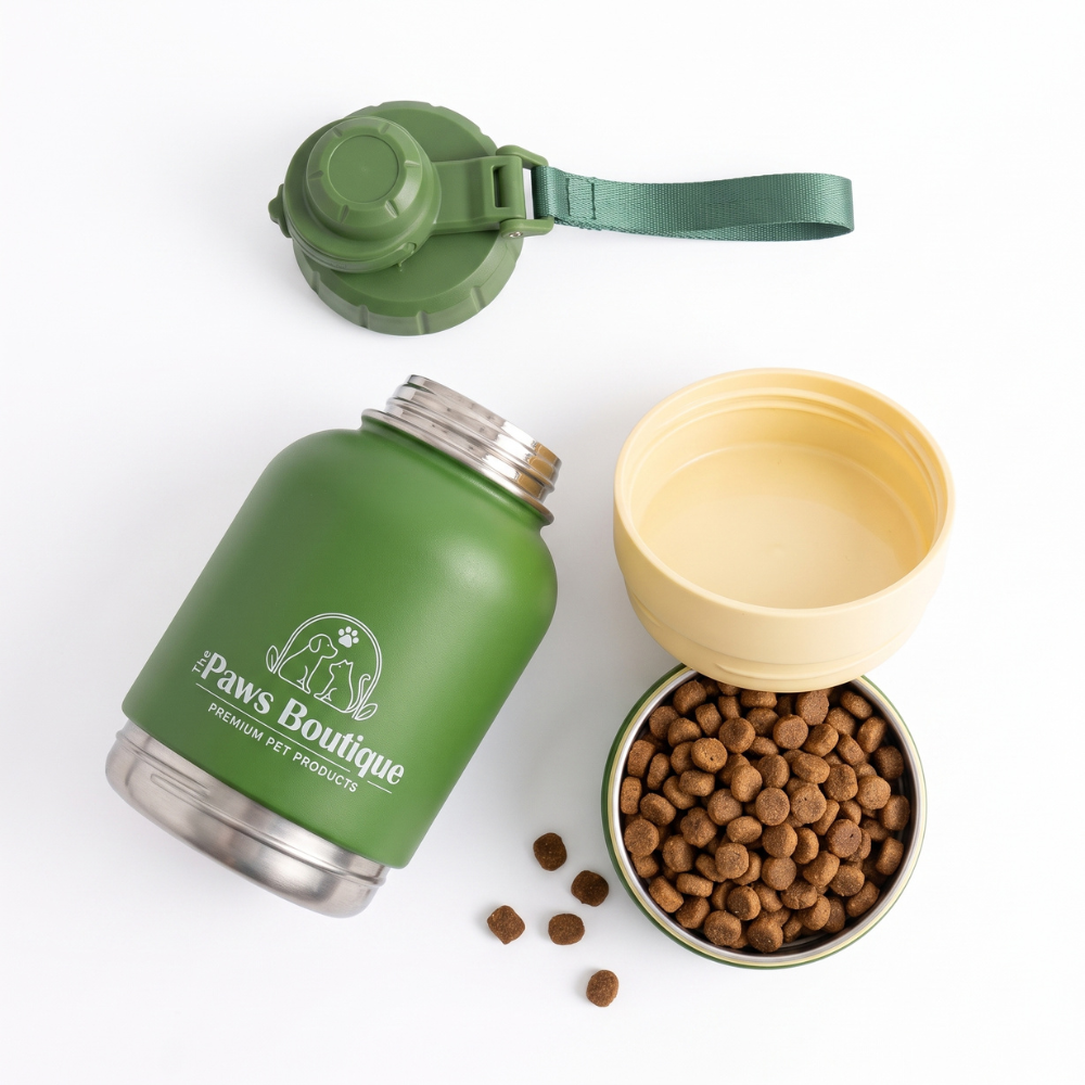 Vista superior de las piezas de la botella de agua y comida para perros de The Paws Boutique: tapón hermético, termo verde y cuenco lleno de pienso para mascotas
