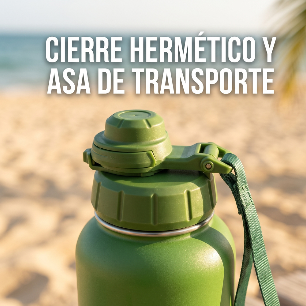 Detalle del cierre hermético antifugas y asa de transporte de la botella cantimplora premium para perros de The Paws Boutique