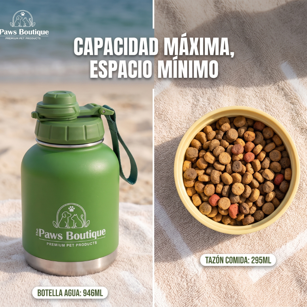 Botella de agua portátil para perros junto a cuenco lleno de pienso. Diseño compacto para mascotas con compartimento para snacks de The Paws Boutique.