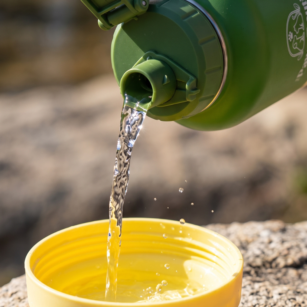 Sirviendo agua fresca en el cuenco bebedero desmontable de la botella de acero inoxidable para perros de The Paws Boutique durante una excursión en la naturaleza