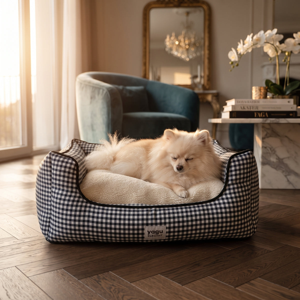 Cuna Acolchada Vichy para Perros y Gatos – Cama Nido Ergonómica con Cojín Reversible de Borreguillo (63 x 47 x 23 cm)