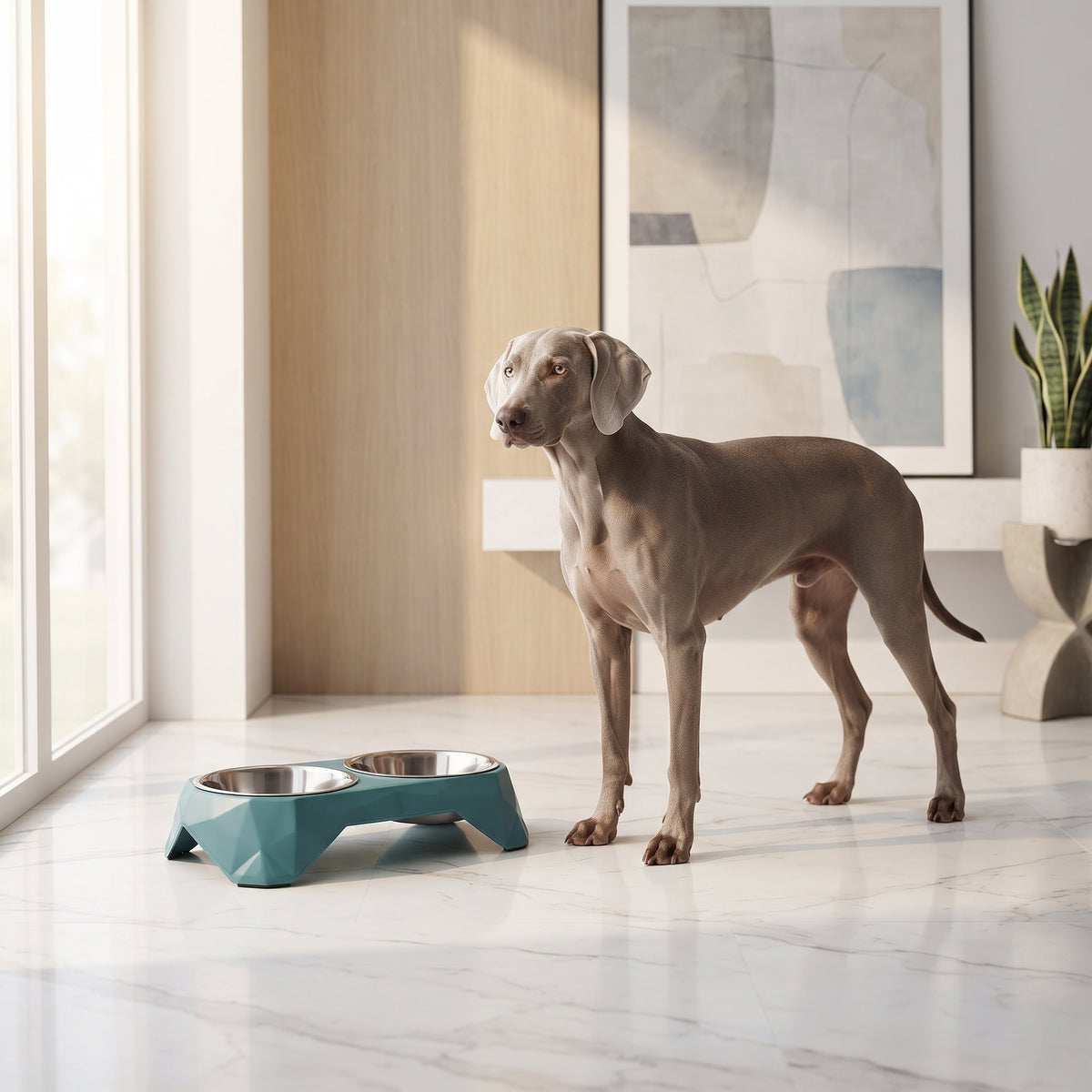 Comedero Doble Elevado para Perros y Gatos – Soporte Ergonómico Geométrico con Cuencos de Acero Inoxidable Extraíbles y Base Antideslizante